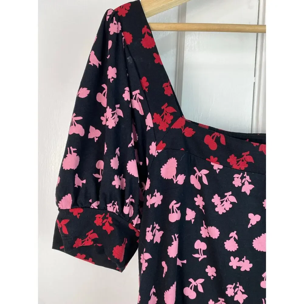Boden Women's Size 8 Black Red Pink Puff Sleeve Square Neck Top *‎